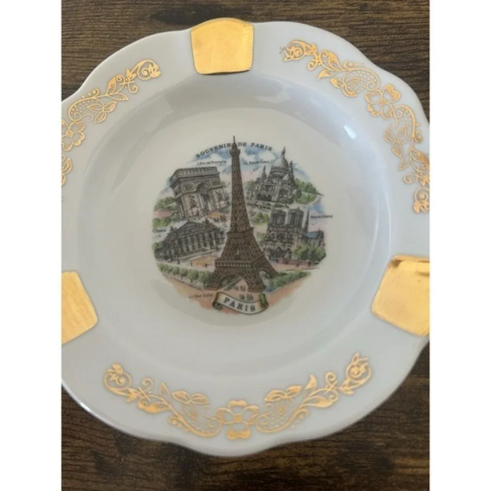 2-PC Vintage Limoges‎ France Souvenir De Paris Porcelain Espresso Cup & Ashtray